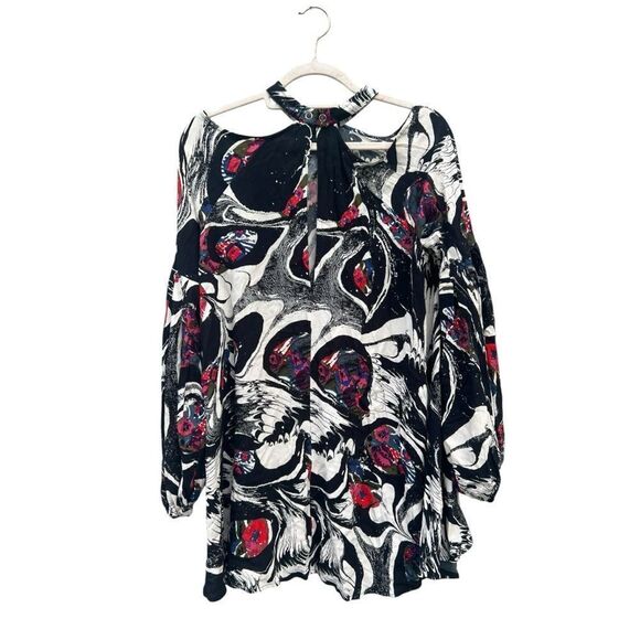 Free People Sz XS Drift Away Cold Shoulder Printed Bohemian Tunic Dress hippie - Picture 4 of 6